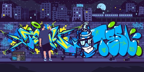 Dark Urban Graffiti Wall With Street Artist Painting Graffiti Drawings At Night Against The Background Of The Cityscape Vector Illustration