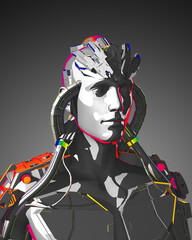 cartoon shading face head ofcyborg robot mechanical statue sculpture with psychedelic colorful sketch outlines with dramatic lighting and serious expression in yellow orange red colors