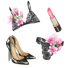 An elegant set of lingerie with magnolia flowers, shoes and lipstick. Isolated on white