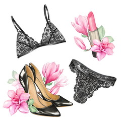 An elegant set of lingerie, shoes and lipstick with magnolia flowers. Isolated on white - 501678288