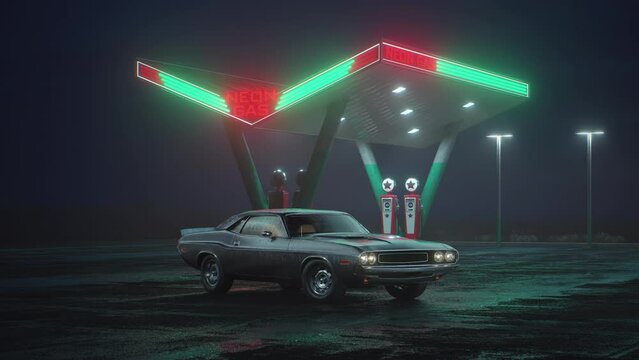 Neon gas station and retro car. Cyberpunk fog rain and night. Colour reflections on asphalt. Dodge challenger. 3d illustration. 4K video.