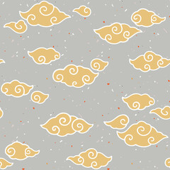Seamless vector traditional Asian pattern with yellow clouds on a dark gray speckled background
