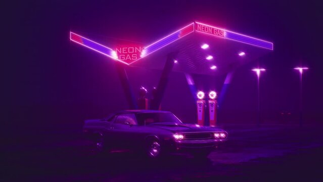 Neon gas station and retro car. Cyberpunk fog rain and night. Colour reflections on asphalt. Dodge challenger. 3d illustration. 4K video.