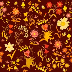 Obraz premium Bright seamless ornament in yellow-red-orange tones with fabulous flowers, curls, leaves, bulbs, berries, fluttering butterflies on a warm brown background in vector