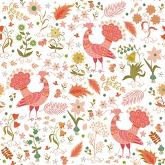 Seamless ornament with fabulous peacocks, flowers, leaves and butterflies in red-green colors isolated on white background in vector in Russian folk style. Beautiful print for fabric, wallpaper.
