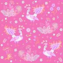 Delicate seamless ornament with hand drawn peacocks, flowers, tropical leaves on a pink background in vector. Natural print for fabric in vintage style. Russian, Indian folklore motifs.