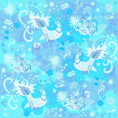 Delicate seamless romantic pattern with flowers, leaves, butterflies, fairy peacocks in arctic blue, sky blue, light purple and white colors in vector. Shawl, napkin, pillowcase, handkerchief.