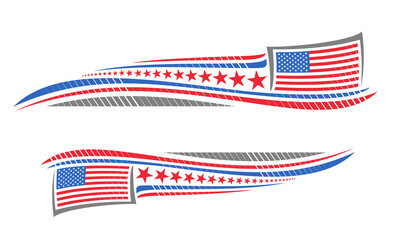 Vector border for American Holidays with blank copy space for congratulation text, banner with illustration of national american flag, stars and decorative stripes for us holidays on white background