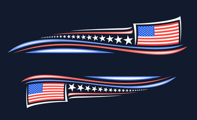 Vector border for American Holidays with copy space for congratulation text, banner with illustration of american flag, white festive stars, decorative wave stripes for us holidays on dark background