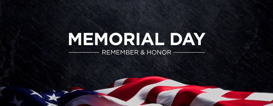 US Flag Banner with Memorial Day Caption on Black Slate. Premium Holiday Background.