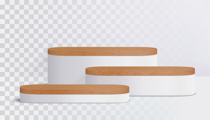 Wood round podium on transparent background for cosmetic product presentation. 3d geometric pedestal vector
