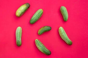 Top View of Organic Cucumbers Isolated on Red Background, Flat Lay Composition