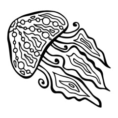 Zenart jelly-fish isolated on white background. Zen doodle monochrome sea blubber for adult or children anti stress coloring book, tattoo, etc. Hand drawn doodle jellyfish.