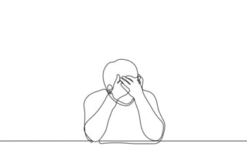 man hiding behind his hands - one line drawing vector. concept of shame, cringe, regret