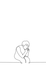 man sits cowering in thought or expectation - one line drawing vector. concept little man cornered