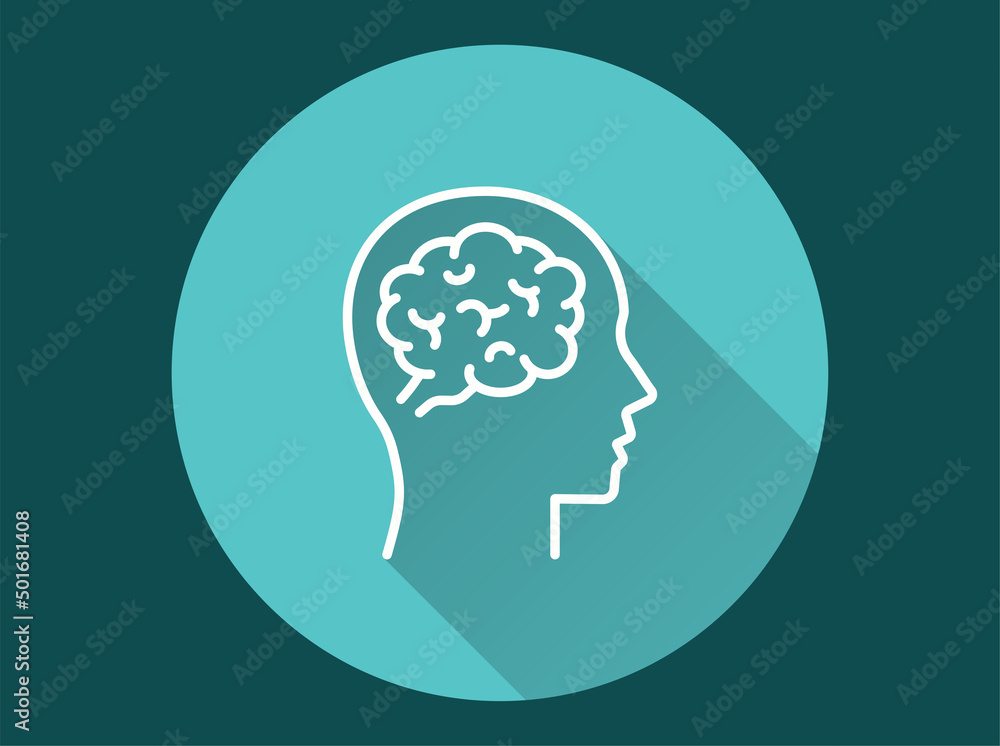Poster head with brain icon with long shadow for graphic and web design.