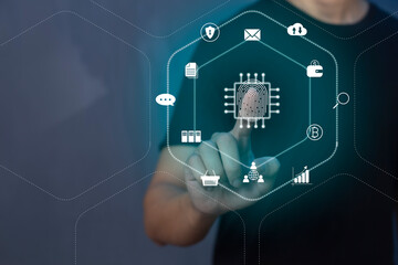 Person touching virtual screen to scan fingerprints, digital transformation management concept. Internet of Things, Big Data and Business Processes, Automation, Storage Systems, Cloud Computing