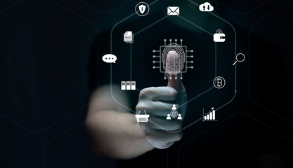 Person touching virtual screen to scan fingerprints, digital transformation management concept. Internet of Things, Big Data and Business Processes, Automation, Storage Systems, Cloud Computing