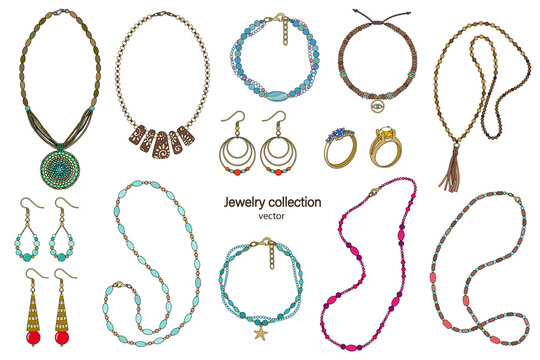 Collection  jewelry necklaces, earrings, rings and bracelets. Vector image on white background