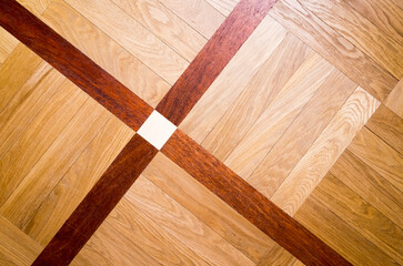 Vintage parquet with geometric ornament of various wood