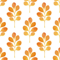 Orange watercolor leaves isolated on a white background. Simple seamless pattern. Hand-drawn autumn foliage