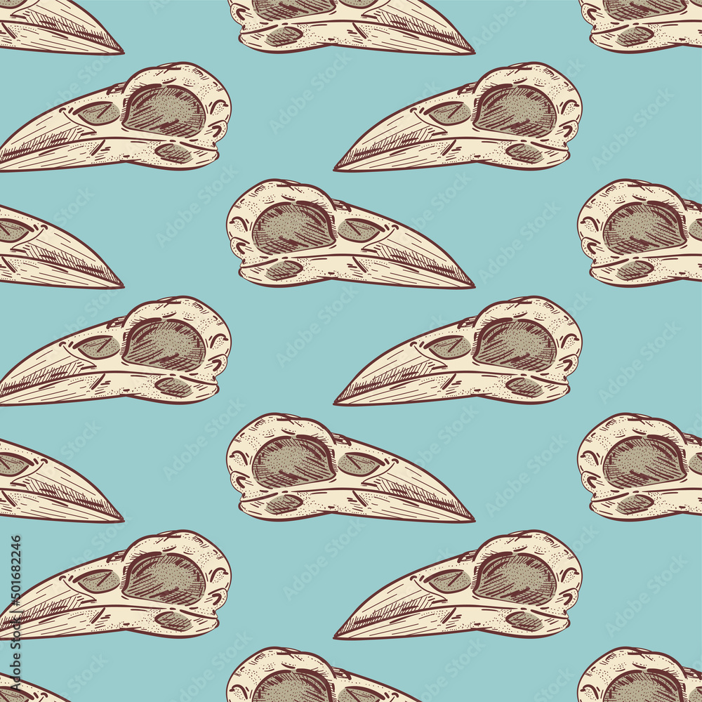 Poster raven skull pattern seamless. raven head skeleton background. vector texture
