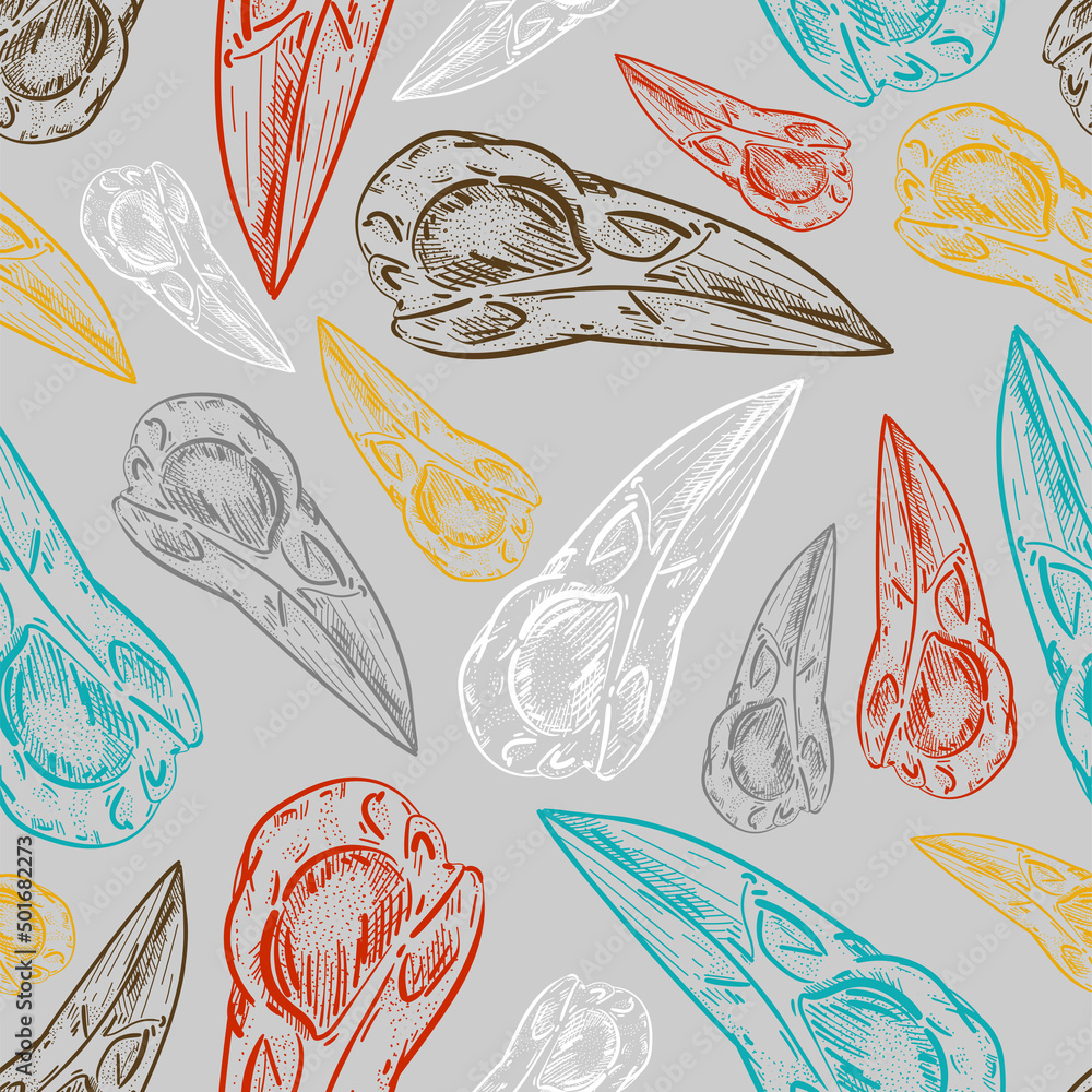 Poster raven skull pattern seamless. raven head skeleton background. vector texture