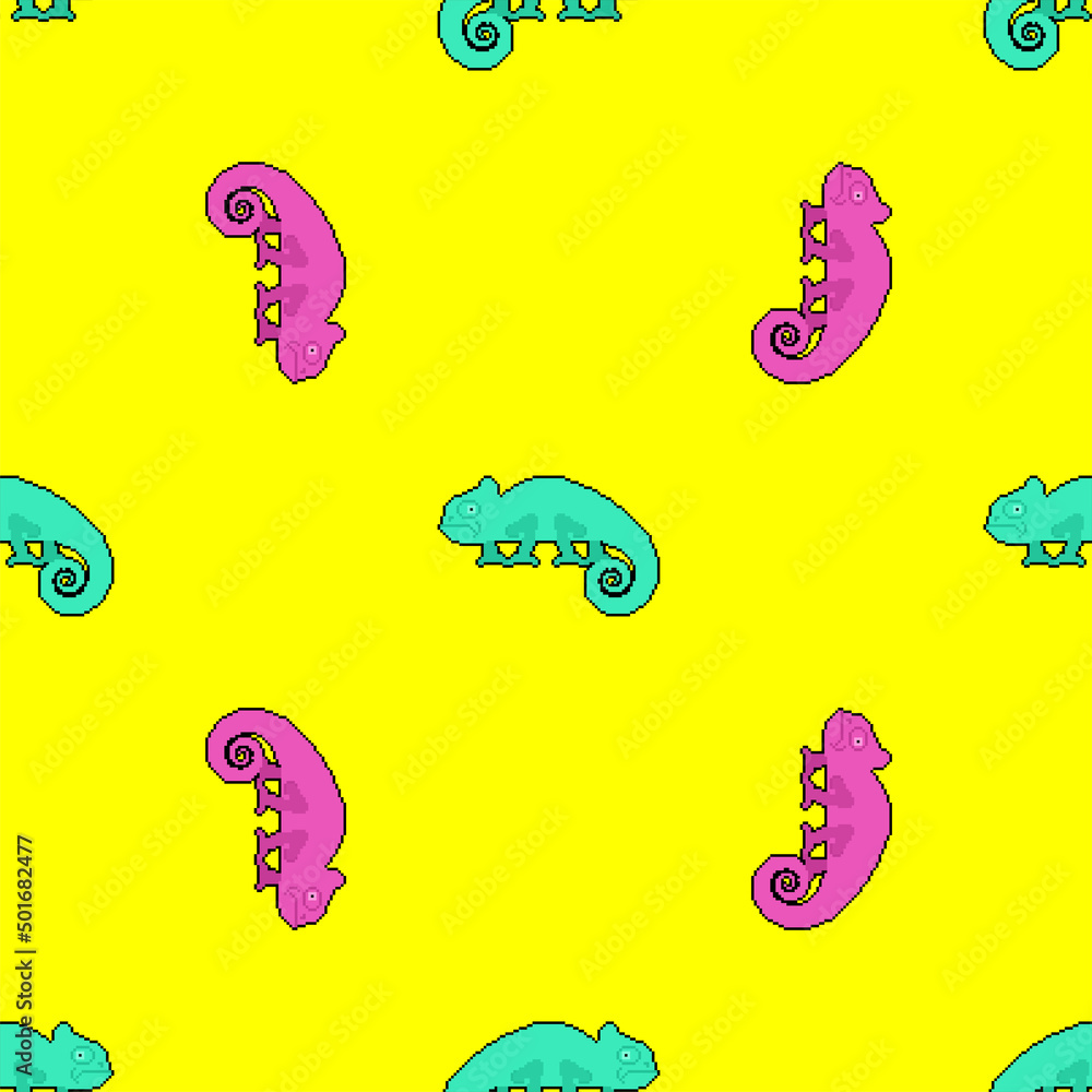Poster chameleon pixel art pattern seamless. 8 bit cartoon reptile background. pixelated vector texture
