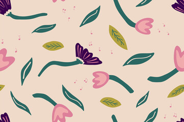 Fototapeta na wymiar Floral contemporary seamless pattern. Modern field traditional plants print. Background for textiles, t-shirts, wrapping paper, wallpaper and more. Hand drawn vector illustration.