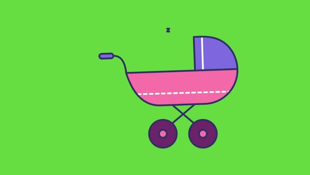 4k video of cartoon baby stroller design on green background.