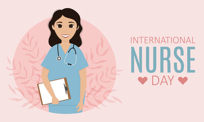 International nurse day. Nurse with stethoscope holds a case. Template for poster, social media, banner, card