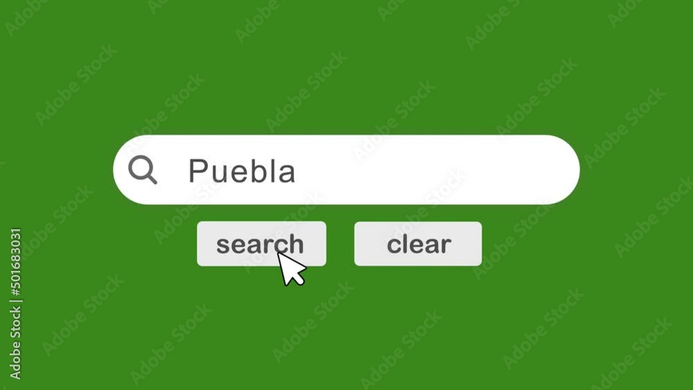 Poster puebla typing on search bar with click animation on green background.searching the word on internet 
