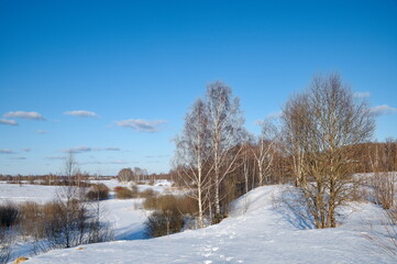 Ucha River in the Moscow region in early spring, Russia