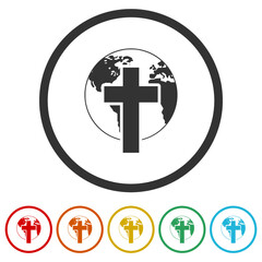 Earth and Christian cross icon. Set icons colorful