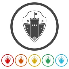 Shield shaped castle emblem. Set icons colorful