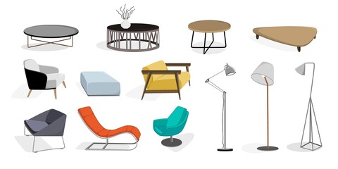 Modern interior furniture set armchair, lamp, sofa coffee table Vector illustration in flat style isolated