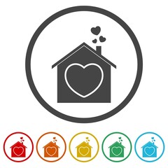 House with heart shape within icon. Set icons colorful