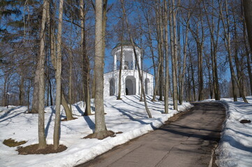 Marfino, Moscow Region, Russia - March 15, 2022: Two-tier gazebo rotunda 