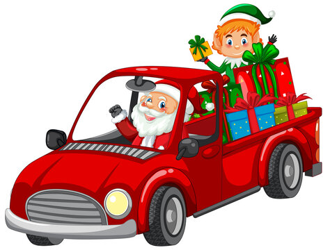 Santa driving car to delivery Christmas gifts