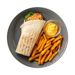 Isolated plate of chicken stuffed tortilla with potato fries
