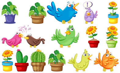 Different plants and cute birds