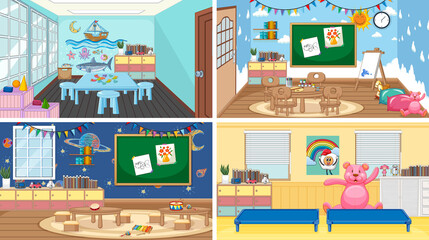 Set of different kindergarten classroom scenes