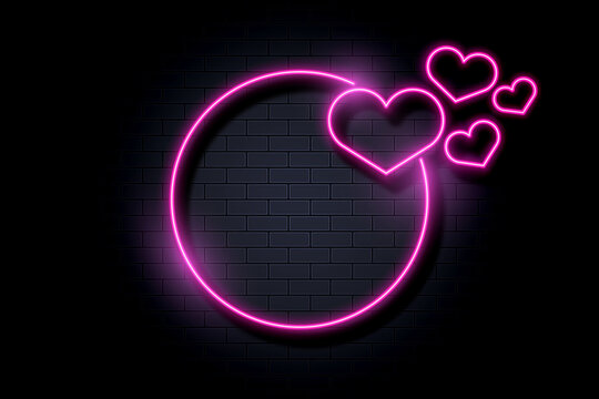  Pink Neon Frame With Hearts And Stars On Black Brick Wall Background