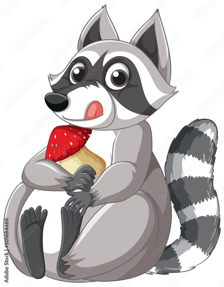 Wall mural cute cartoon raccoon sitting with mushroom on white background