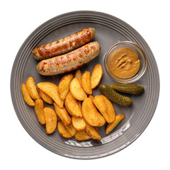 Isolated portion of grilled pork sausages with potato wedges