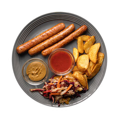 Isolated portion of grilled beef sausages with potato wedges