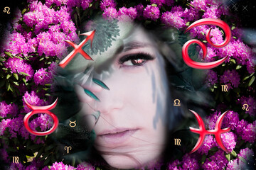 Portrait of a woman and signs of the zodiac, astrology
