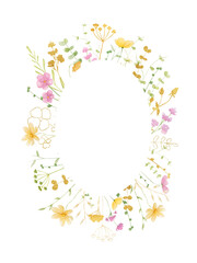Wildflower golden summer watercolor floral frame on white background. Wedding invitation. 