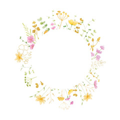 Wildflower golden summer watercolor floral frame on white background. Wedding invitation. 