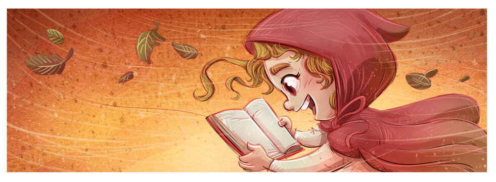illustration of little red riding hood reading a book